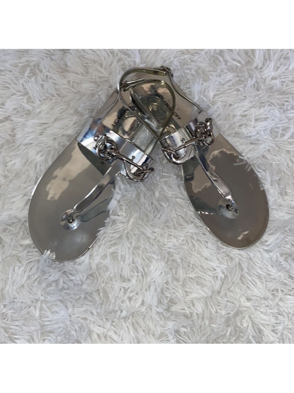Rebecca Minkoff silver mirror T strap sandals